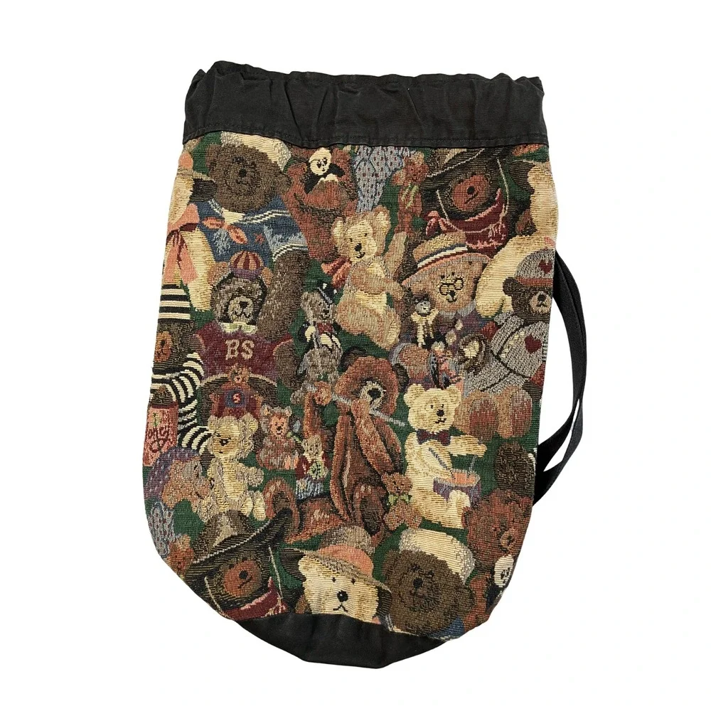 Vintage‎ 90s Teddy Bear Tapestry Bag Round Drawstring Backpack Kidcore Cottage